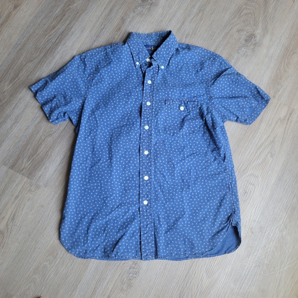 Ralph Lauren Mens Shirt Small Blue Cotton Star Print Short Sleeve Button Down